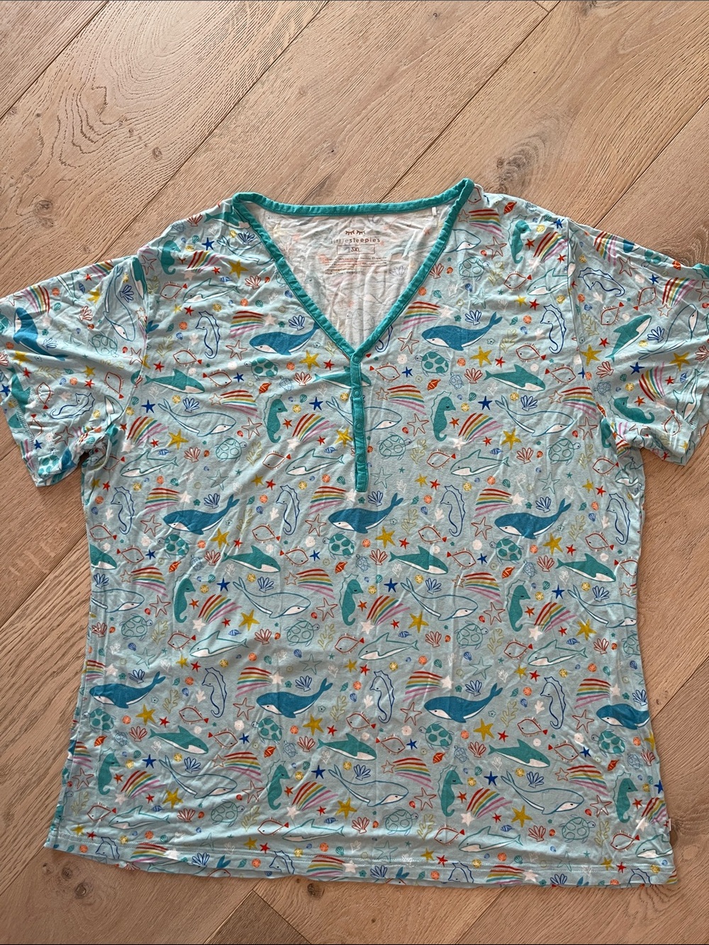 LITTLE SLEEPIES Light Blue Sea Life V-Neck Pajama Top Womens size 3XL